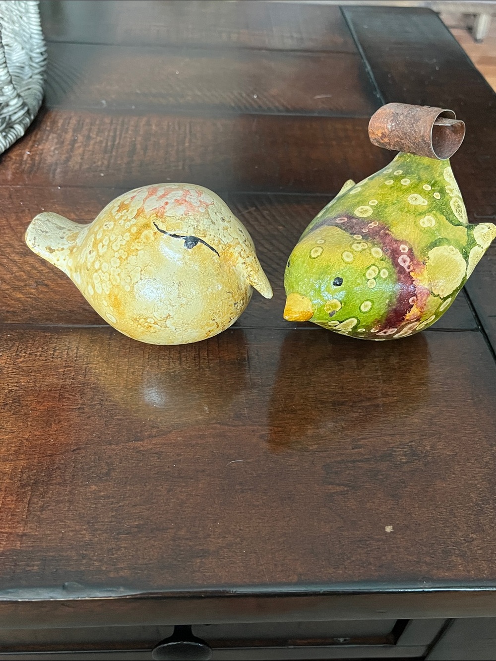 Set of Two Ceramic Bird Accents in Green and Yellow